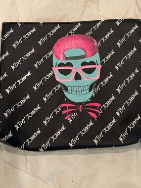 Betsey Johnson Black Cosmetic Bag with Aqua Skull and Pink Accents